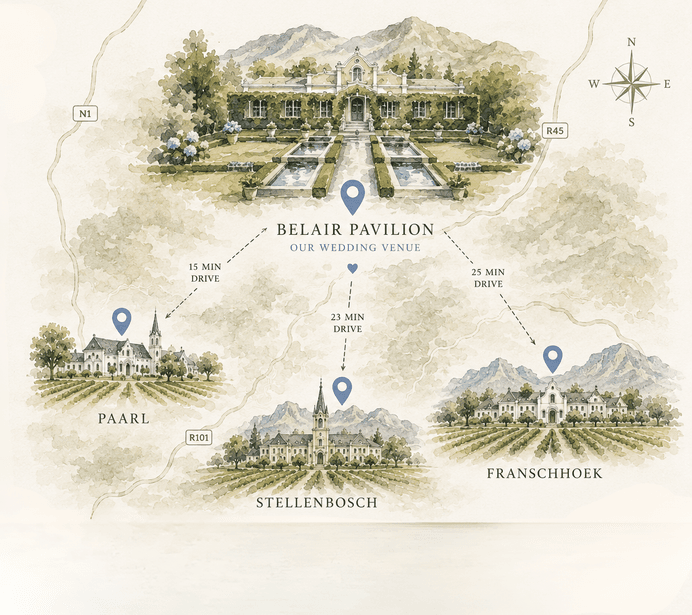Illustrated map showing Belair Pavilion with drive times to Paarl, Stellenbosch and Franschhoek