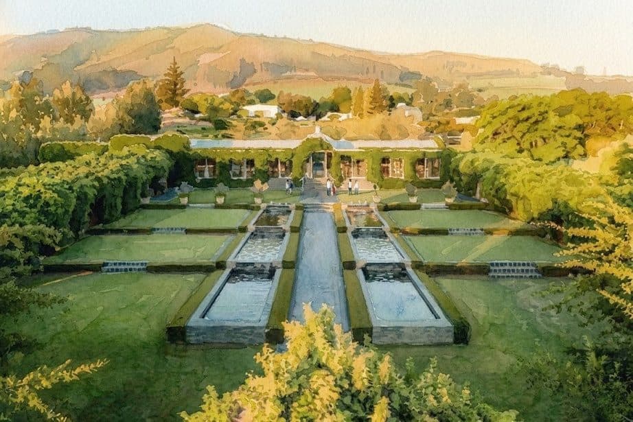 Watercolour view of Belair Pavilion's formal gardens and reflecting pools with mountains behind